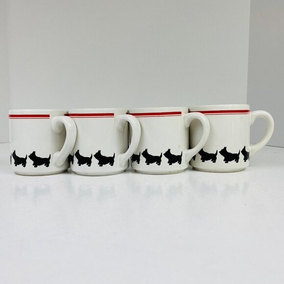 Ceramic Mugs Black Scottish Terrier Dog Pattern & Red Stripe Set of 4 - Picture 4 of 8